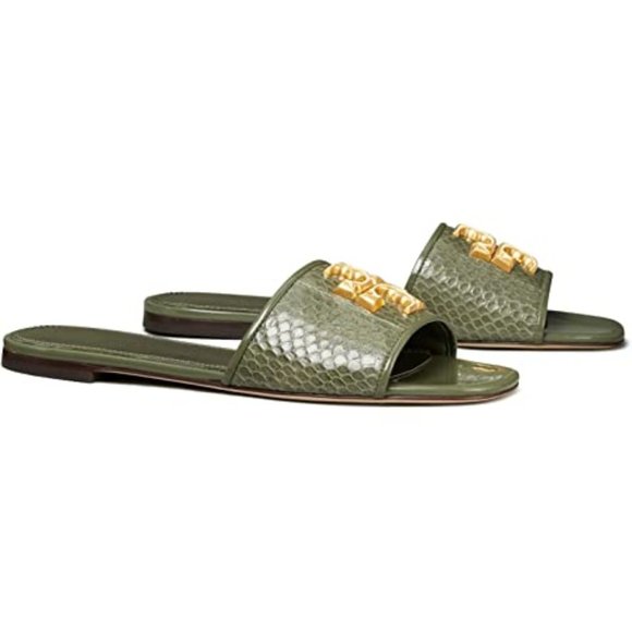 NIB Tory Burch Eleanor Snake Pattern Leather Slide Palm Leaf US 7 AUTHENTIC